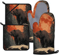 Bear Forest Oven Mitts and Pot Holders Sets 4Pcs Silicone Non-Slip Mitts Heat Resistant Gloves Hot Pads for Kitchen Cooking Baking Grilling BBQ