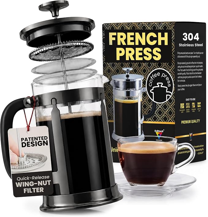 EzDtach French Press Coffee Maker 34oz Grey – Borosilicate Glass Pot with 304 Grade Stainless Steel French Press, Double Filter and 2 Extra Screens for Rich, Full-Bodied Flavor at Home or Office