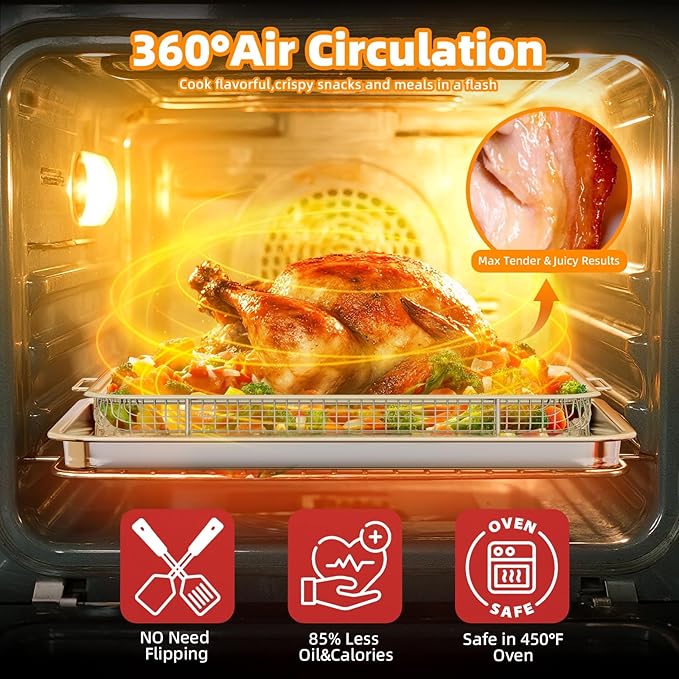 Air Fryer Basket for Oven, 2 Set Air Fryer Tray and Pan with 60PCS Parchment Papers, YEPATER Stainless Steel Air Fryer Pan and Crisper Tray for for Baking Grilling Cooking and Frying