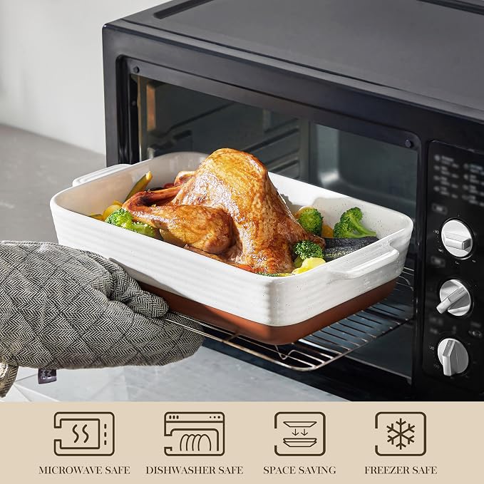 MALACASA 9x13 Ceramic Baking Dish, 4.8 QT Deep Casserole Dish with Handles, Oven Safe Lasagna Pan for Baking, Roasting & Serving, Rectangular Bakeware, Khaki & White, Tara