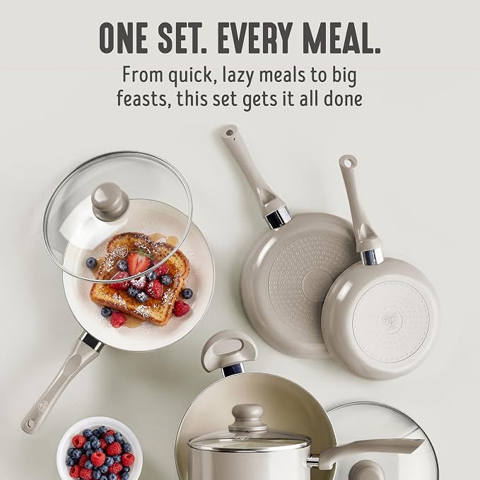 GreenLife 16-Piece Nonstick Cookware Set, Non-Toxic Ceramic Pots and Pans Set, Durable Healthy Kitchen Essentials, Fast Heating, Induction Ready, Easy Clean Dishwasher Safe, PFAS-Free, Beige Taupe