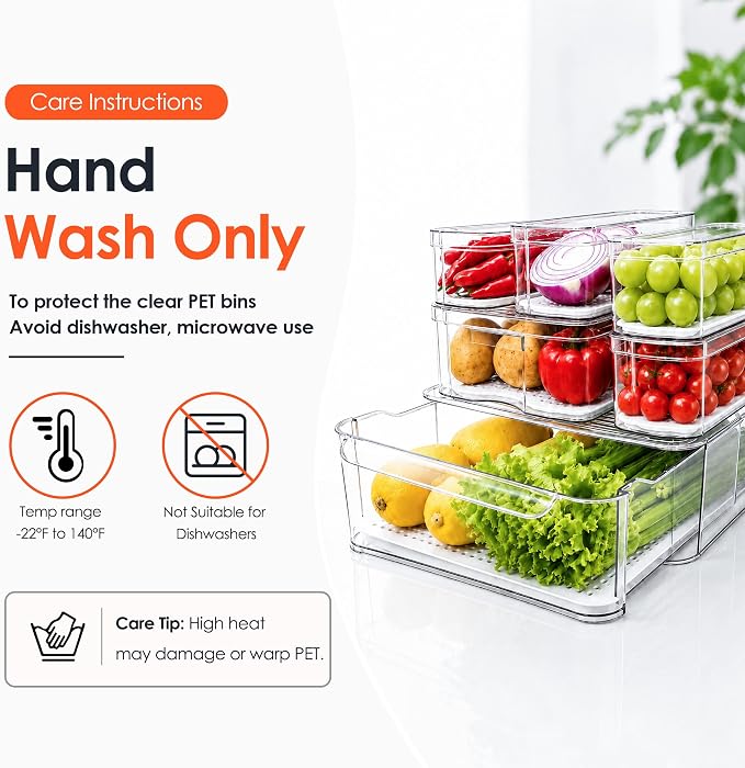 SMRCAD Refrigerator Organizers and Storage, 6 Pack with 1 Pull-Out Drawer and 5 Lidded Bins, Fruit Storage Containers for Fridge with Drain Trays, Helps Keep Produce Fresh