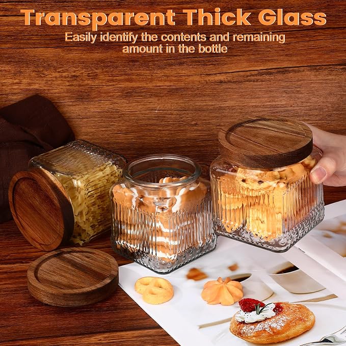 6 Pcs Vintage Glass Storage Jar with Lid 17 oz Glass Containers Stylish Ribbed Pattern Airtight Kitchen Jars Candy Jar for Food Cookies Candy Coffee Tea Beans Grains Storage