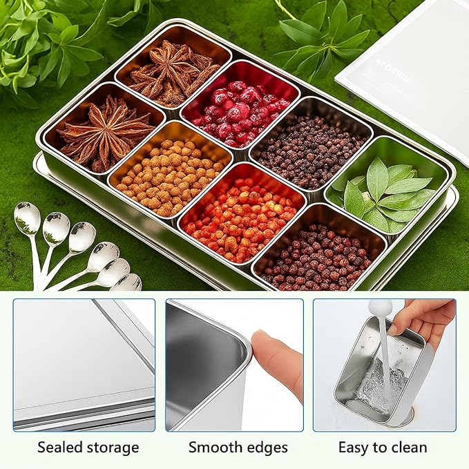 Boao 8 Compartment 304 Yakumi Pans Stainless Steel Mise En Place Japanese Yakumi Tins Seasoning Condiment Container with Lids Spoons for Food Meal Prep Organizer for Kitchen Salad Spices Herbs, Masala