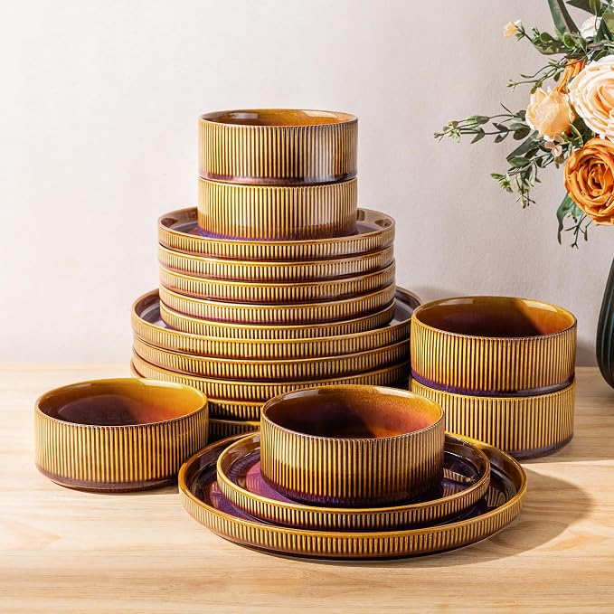 TheTerra Ceramic Dinnerware Sets for 6, 18 Pieces Porcelain Lightweight Plates and Bowls Sets, Scratch Resistant Dish Set, Oven & Microwave & Dishwasher Safe, Amber Amethyst