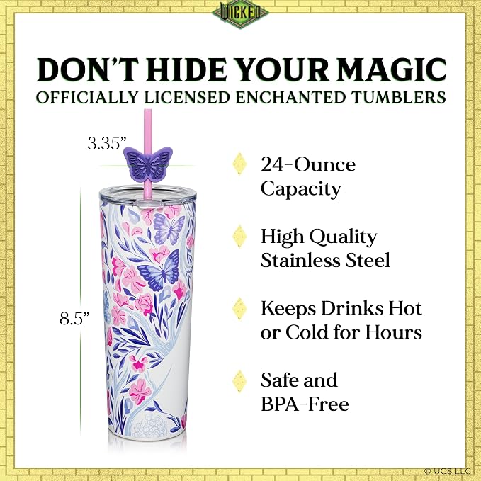 Dragon Glassware x Wicked: For Good 2-Pack 24 oz Vacuum Insulated Tumbler with Lid and Straw - Set of 2 Tumblers with 4 Straws and Toppers - Official Wicked Merch - Shadows