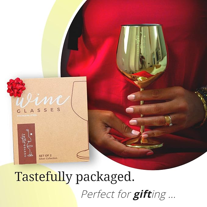 Gusto Nostro Stainless Steel Wine Glass - 18 oz Unbreakable Gold Wine Glasses for Travel, Camping and Pool - Fancy, Unique and Cute Portable Metal Wine Glass for Outdoor Events, Picnics (Set of 2)
