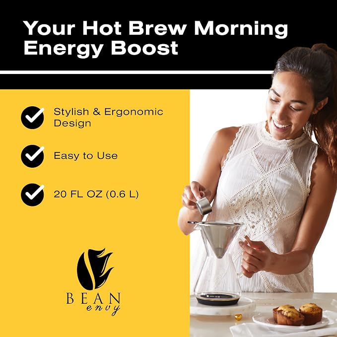 Bean Envy Pour Over Coffee Maker, High-Heat Borosilicate Glass with Reusable Stainless Steel Filter, Glass Coffee Maker (20 Oz)