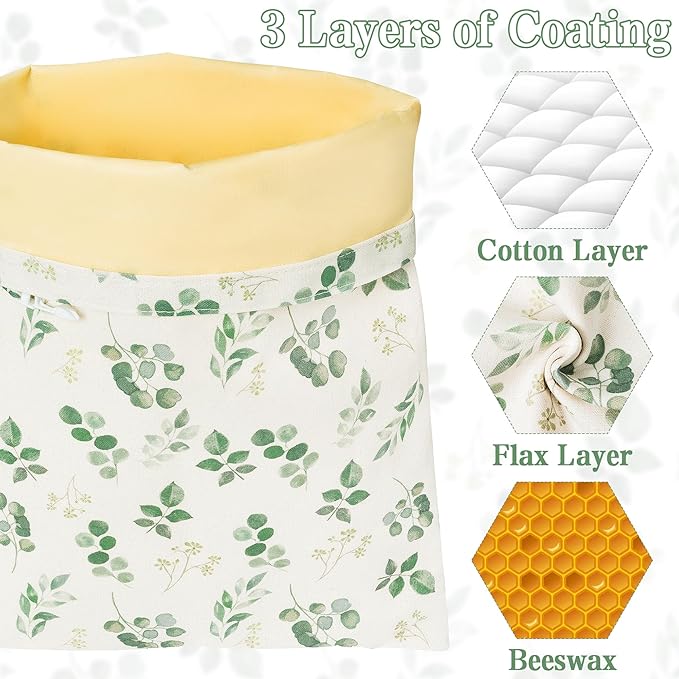 Reusable Beeswax Bread Bags - 2 Pack Bees Wax Food Bag, Homemade Sourdough Bread Storage, 2-in-1 Linen Cotton Large Freezer Container Home Baking Accessories with Lining (Eucalyptus Leaf)