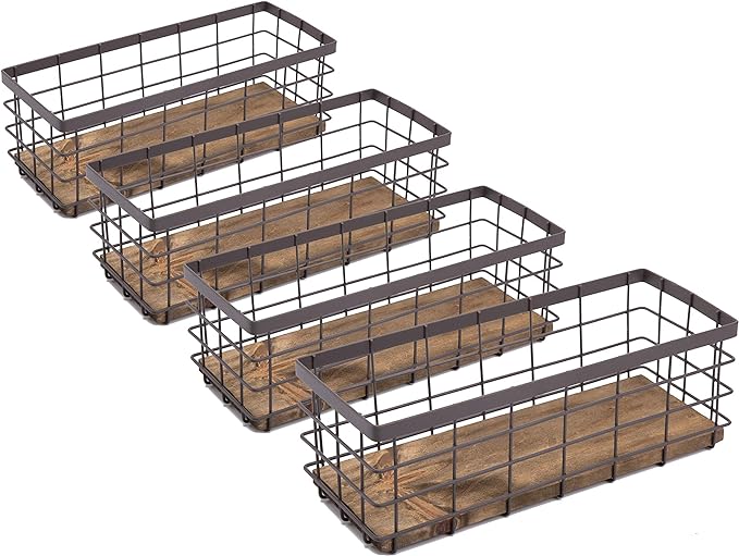 TIEYIPIN Small Metal Wire Storage Basket, Detachable Wood Base Storage Organizer Bin Basket for Kitchen Cabinets, Bathroom, Pantry, Garage, Laundry Room - Brown (4 Pack)