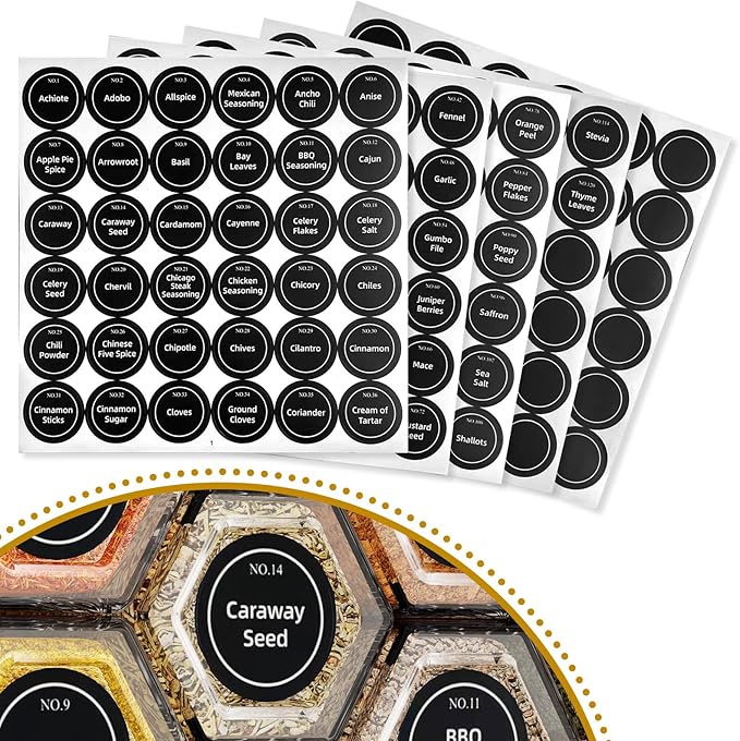 Vetacsion Set of 18 Magnetic Glass Spice Tins with 100 Preprinted Seasoning Label Stickers (Include Black Metal Wall-Plates)