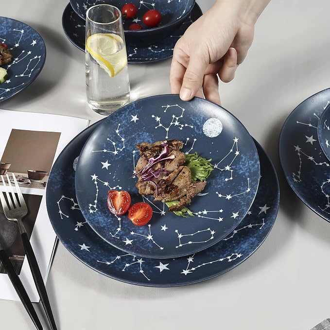 12 Piece Melamine Dinnerware Sets for 4 - Starry Pattern Camping Dishes Set for Indoor and Outdoor Use, Dishwasher Safe Plates and Bowls Sets, Dark Blue | Plates and Bowls Set Service for 4,Camping Dishes Set for Indoor Dining, Picnics, and Entertainin...