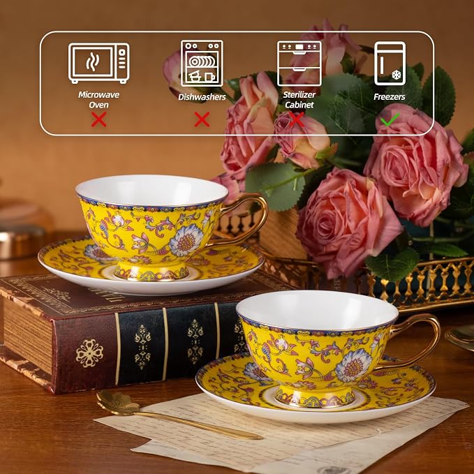 KAMMAK Tea Cups and Saucers Set of 2, Porcelain Coffee Cups, Stackable Espresso Mugs, Ceramic Demitasse for Coffee, Cappuccino, Latte, Americano, Tea, Full Bloom Yellow