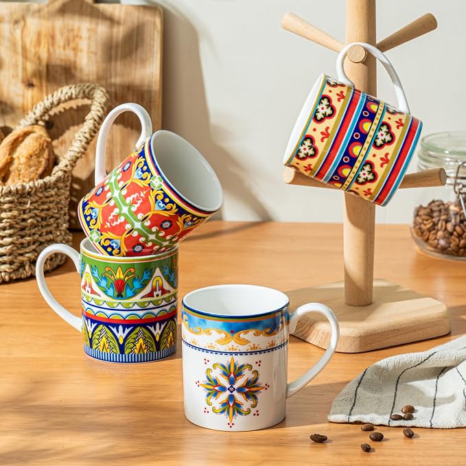 UNICASA Ceramic Coffee Mug Set of 4, 10 oz Colorful Cups with Handle, Boho Style for Latte, Cappuccino, Cocoa, Microwave & Dishwasher Safe