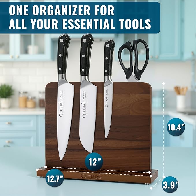 Cutluxe Magnetic Knife Block - Double Sided Acacia Wood Knife Holder, Strong Magnetic Strips, Universal Fit Knife Storage Stand