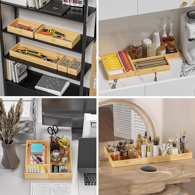 Lixple Bamboo Drawer Organizer - Silverware & Utensil Organizer, Stackable, 2 Pcs, Wooden Storage Box Tray (Bamboo, 12 X 6 X 2 Inch)