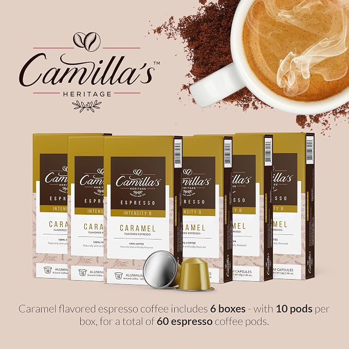 Camilla’s Heritage - Intensity 8 Caramel Flavored Espresso Coffee, Gourmet Espresso Cups, 60 Coffee Pods