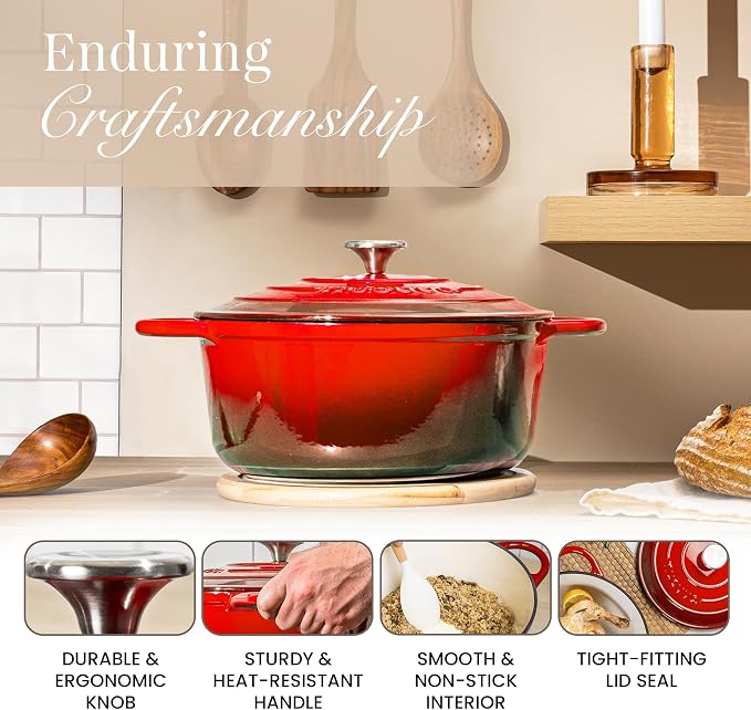 Cast Iron Dutch Oven with Lid-Non-Stick Ovenproof Enamelled Casserole Pot- Sturdy Dutch Oven Cookware - Red, 3.1- Quart, 22cm- by Nuovva