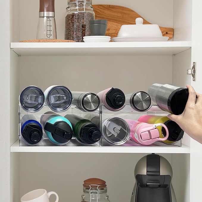 Spaclear 4 Pack Water Bottle Organizer, Stackable Kitchen Pantry Organization and Storage Shelf, Plastic Bottle Holder for Fridge Kitchen Cabinet Organizer and Storage, Tumbler Mug Cup Organizer