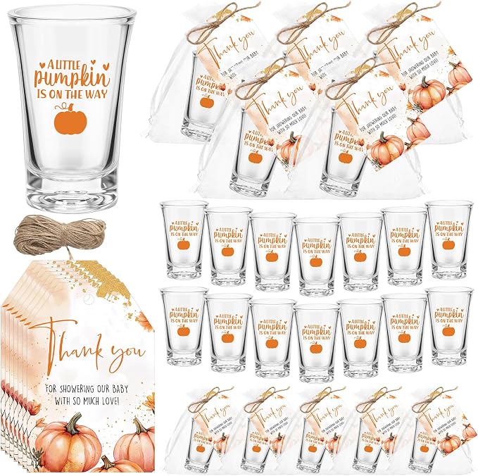 Pickmesh 25 Sets Baby Shower Shot Glasses for Guests Include Acrylic Clear Shot Glasses Thank You Cards Organza Bags Babies Shower Gifts for Gender Reveal Party Supplies (Pumpkin Theme)