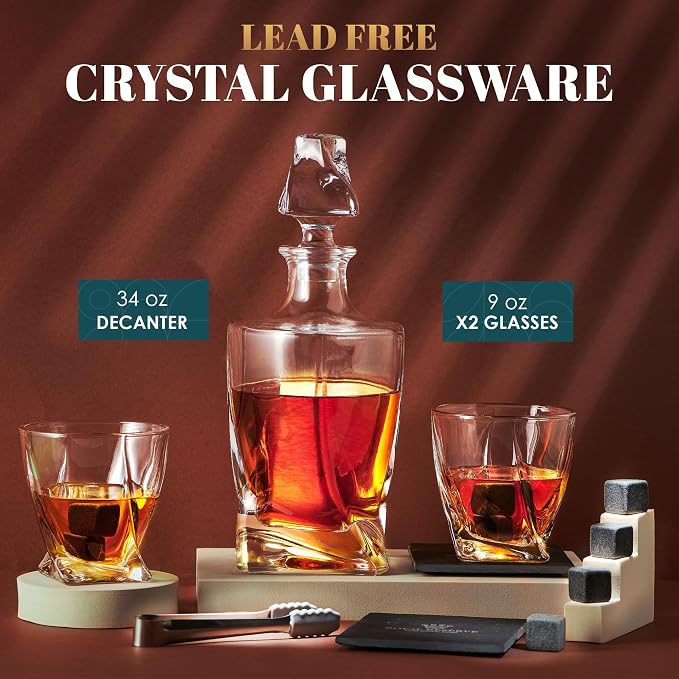 Whiskey Decanter Set by Royal Reserve – Whiskey Gifts Set - Twisted Bourbon Decanter 24 oz with Glasses, Whiskey Stones, Coasters, Tongs – Birthday Gift for Men, Husband, Him, Dad, Boyfriend