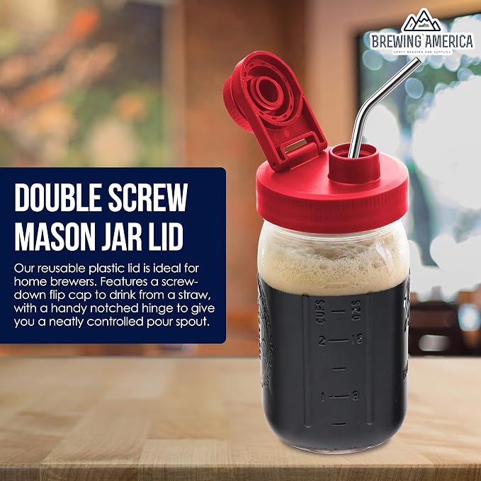 Brewing America Glass Mason Jar Pitcher with Lid - Azure Jars, 1 Quart (32 oz) with Old Glory Red Wide Mouth Pour Lid, for Smoothie, Boba Cup, Sun Tea, Cold Coffee Glass Tumbler, 2-Pack