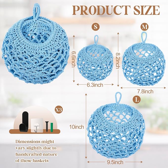 Honeydak Boho Decor Hanging Wall Baskets for Kitchen 3 Pack Teardrop Baskets with Hooks Storage Fruit Onion Vegetable Potato for Home 3 Sizes(Light Blue,Crochet,Cotton Rope)