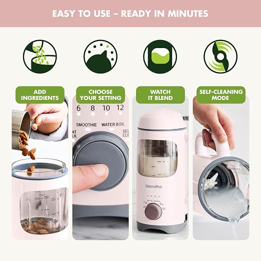 GreenPan 30oz Nut Milk Maker Machine, 15-in-1 for Homemade Almond, Oat, Soy, Coconut, Plant-Based Non-Dairy Beverages, Soups, BPA-Free Glass, Automatic Self-Clean, Delay Start, Pink