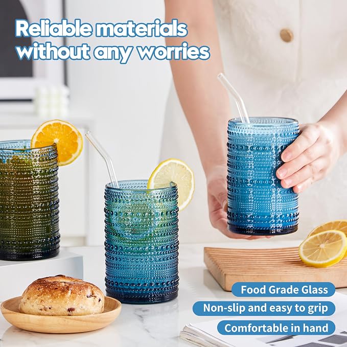 HomeVogue Hobnail Drinking Glasses Set of 12, 12oz & 15oz Vintage Glassware Set Cocktail Glass Set, Embossed Blue Water Tumbler,for Beer, Whiskey,Juice and Various Mixed Drinks (12 Pack-Blue)