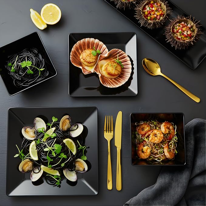 TP 12-Piece Melamine Dinnerware Sets, Plates and Bowls Dishes Set for 4, Break-Resistant & Non-Microwavable, Lightweight Square Dinner Plates, Black