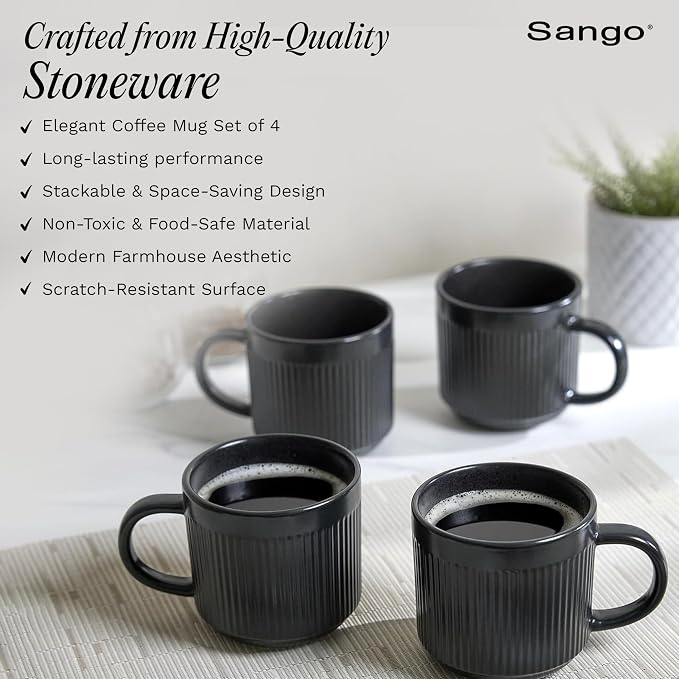 SANGO Anderson Black Coffee Mugs Set of 4, 16.5 oz Stoneware Coffee Mug Set, Big Ceramic Tea Cup with Matte Glaze for Cappuccino, Latte, Large Coffee Cups with Handle, Microwave & Dishwasher Safe