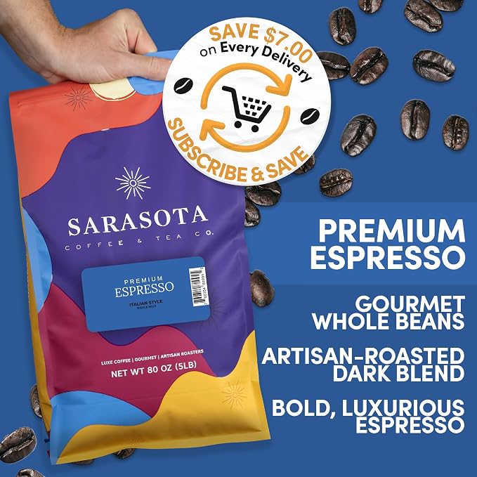 Sarasota Coffee Whole Bean Espresso | Dark Roast Gourmet Coffee Beans | Low Acid, Mold Free, Specialty Grade Bulk Beans | 5lb (80 oz)