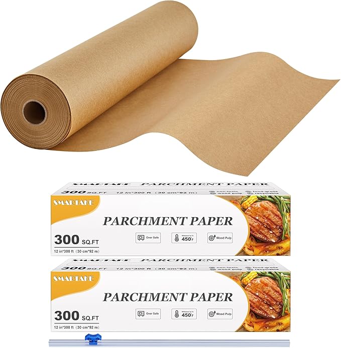 SMARTAKE Parchment Paper Roll for Baking, 2-Pack of 12 in x 300 ft, 600 sq.ft, Non-Stick Baking Paper Sheets with Slide Cutter, Heavy Duty Extra Long, for Kitchen Baking Cooking Grilling, Unbleached