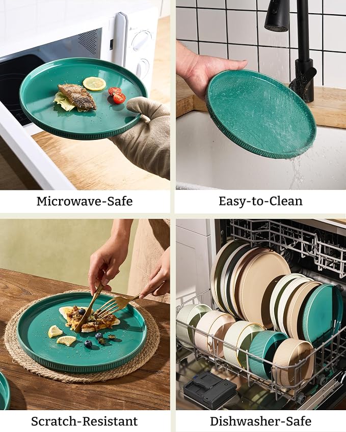 Famiware Star 12-Piece Stoneware Dinnerware Set for 4 – Sage Green, Ceramic Ribbed Plates and Bowls – Modern Rustic Dishes, Everyday & Formal – Chip & Scratch Resistant, Microwave & Dishwasher Safe
