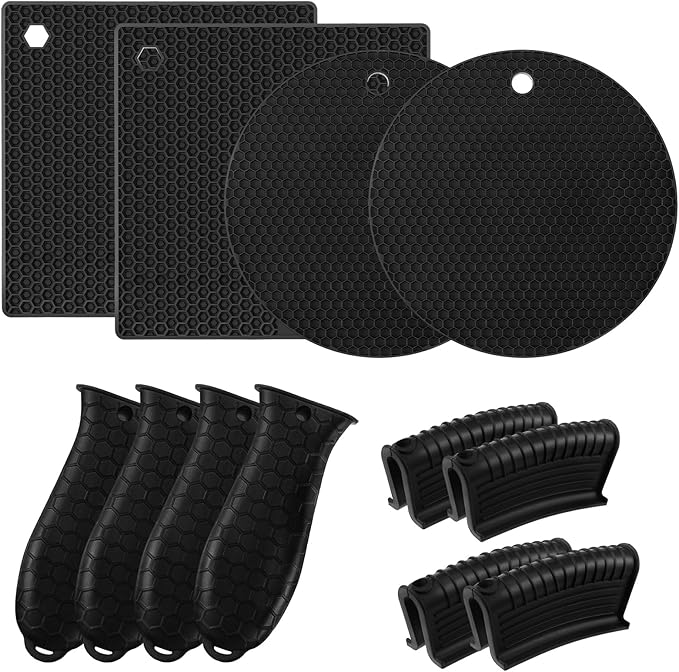 Honeydak 12 Pcs Silicone Trivet Mat and Silicone Hot Handle Holder Pack Multipurpose Non Slip Pot Holders Pot Handle Covers Heat Resistant for Kitchen Potholders Hot Dishes Jar Opener, Black