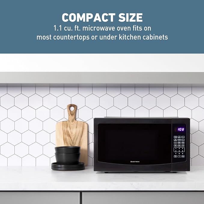 West Bend Microwave Oven 1000-Watts Compact with 6 Pre-Set Cooking Settings, Time and Weight Defrost, Electronic Control Panel and Glass Turntable, 1.1 Cu.Ft., Black