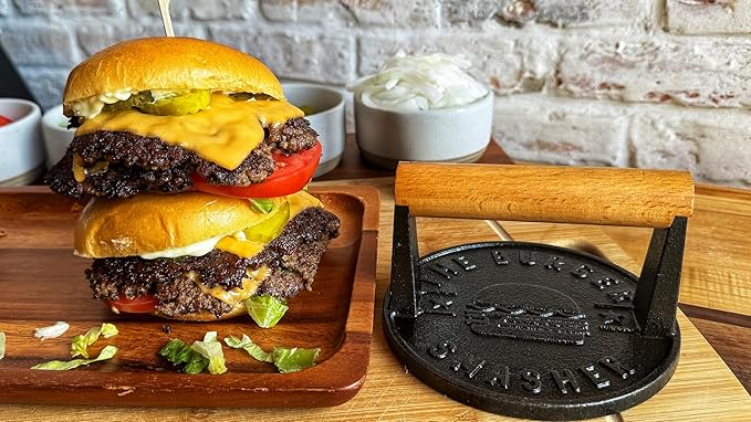 The Burger Smasher™ Pre-Seasoned Heavy Duty Cast Iron Smash Burger Press Kit - Heat Resistant Burger Smasher for Griddle, Food, Chef, Meat & Cooking Press, Hamburger Smasher - 30 Patty Paper