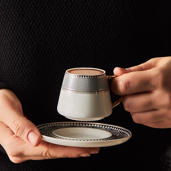 KARACA Globe Turkish Coffee Cup Set of 6, 80ml, 2.7 oz, Small Espresso Cups with Saucers, Porcelain, Black Patterns, and Gold Handles, Ideal for Serving Greek, Arabic Coffee