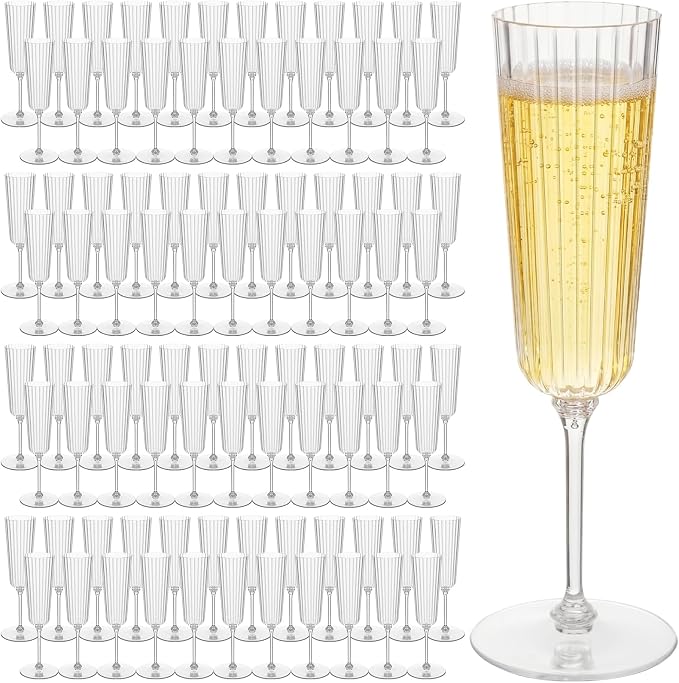 Jingmore 100 Pcs Plastic Ribbed Champagne Flutes With Stem, 6.4 oz Clear Vintage Disposable Vintage Mimosa Glasses for Wedding Birthday Anniversary (Clear)