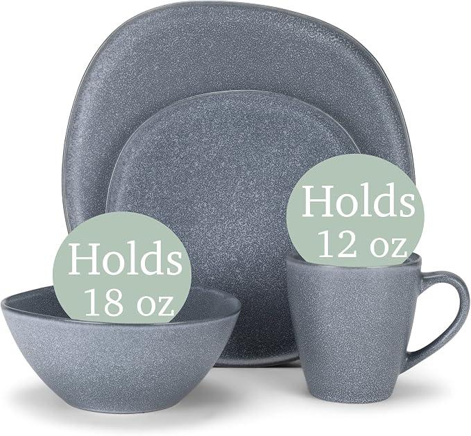 Elanze Designs 16-Piece Modern Luxury Chic Smooth Vintage Handmade Shape Matte Finish Ceramic Stoneware Square Plate Mug & Bowl Kitchen Dinnerware 16 Piece Set - Service for 4, Dove Grey