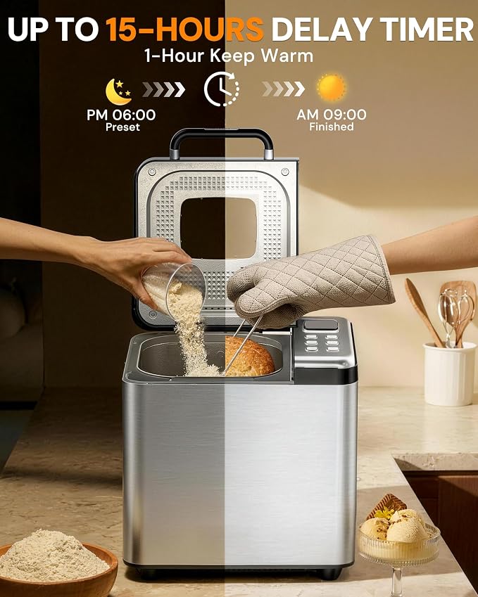 Bread Maker, 2LB Stainless Steel Bread Machine, 17-in-1 Automatic Settings, Non-Stick Pan, Beginner-Friendly Controls, Easy to Clean, Low Noise, High Success Rate for Homemade Bread
