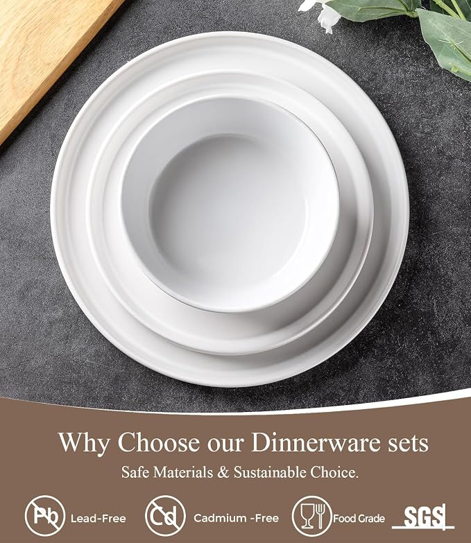 AmorArc Ceramic Dinnerware Sets for 6, Modern Flat Stoneware Plates and Bowls Sets,Chip and Crack Resistant | Dishwasher & Microwave Safe Dishes Set,Scratch Resistant- Service for 6 (18pc)-Matte White