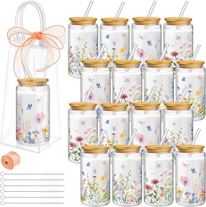 Mumufy 16 Sets Wildflower Glass Cups with Clear Gift Bag 16 oz Reusable Pink Iced Coffee Mugs Aesthetic Cute Tumbler with Lids and Straws, Gifts for Girls Women Bridesmaid