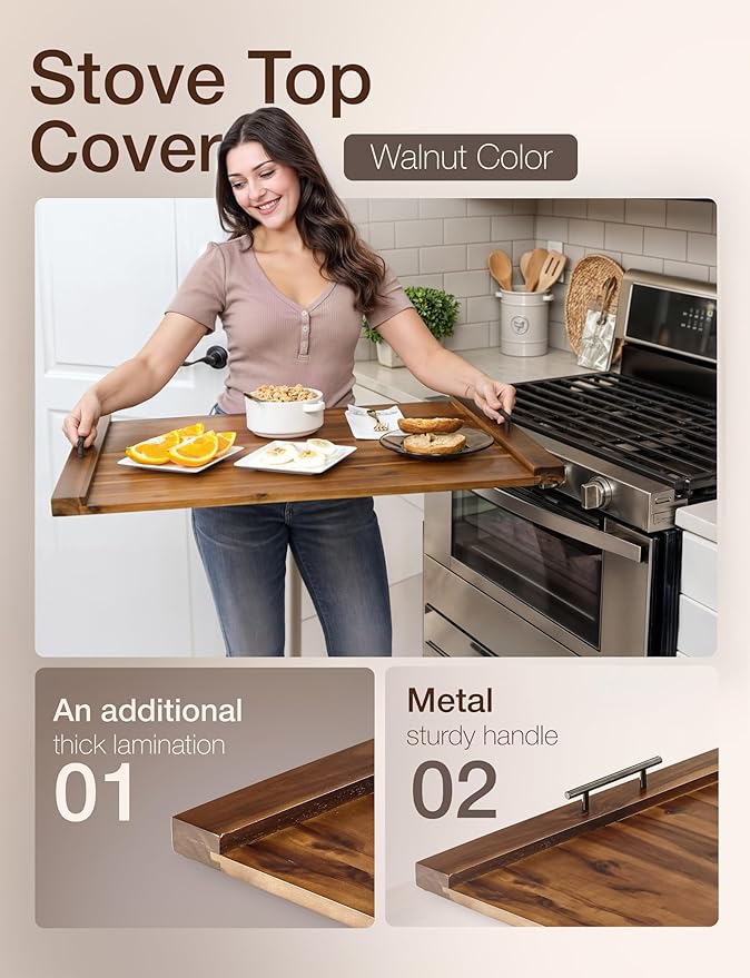 TIDITA Acacia Stove Top Covers for Electric Stove - Wooden Noodle Board for Gas Stovetop - Stove Top Covers for Gas Burners - Wooden Kitchen Sink Cover for Counter Space & Decorative Tray (Walnut)