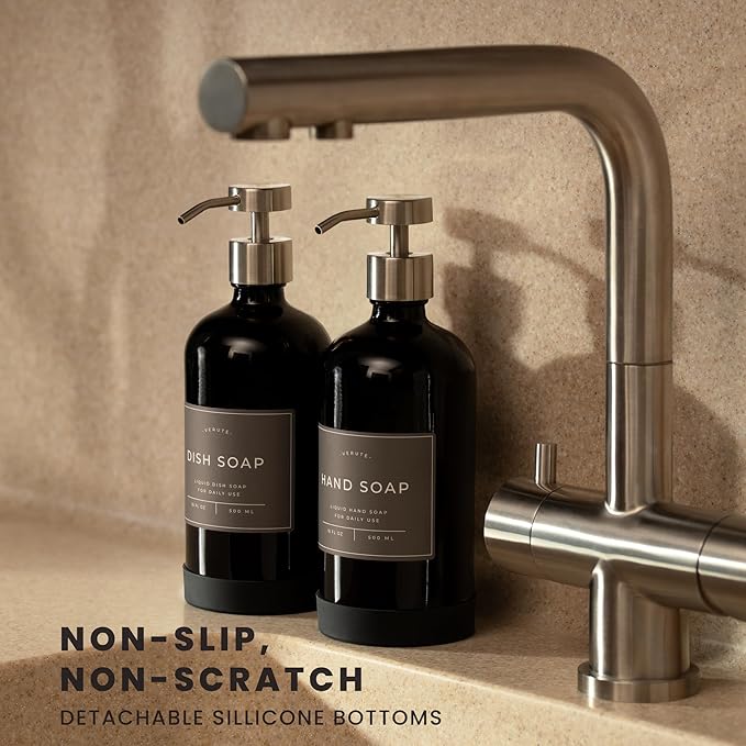 Hand and Dish Soap Dispenser for Kitchen and Bathroom, Set of 2 16 Oz Glass Bottles, Stainless Steel Pumps, Non-Slip Silicone Base, 27 Waterproof Labels (Gloss Black Bottle/Brushed Silver Pump)