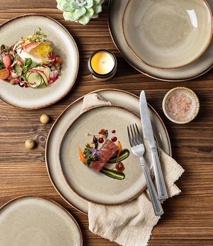 GBHOME Stoneware Dinnerware Sets for 4,12 Pieces Rustic Earthenware Plates and Bowls Set,Handmade Reactive Glaze Ceramic Plate Sets, Chip Resistant Dishes, Microwave & Dishwasher Safe, Smokey Taupe
