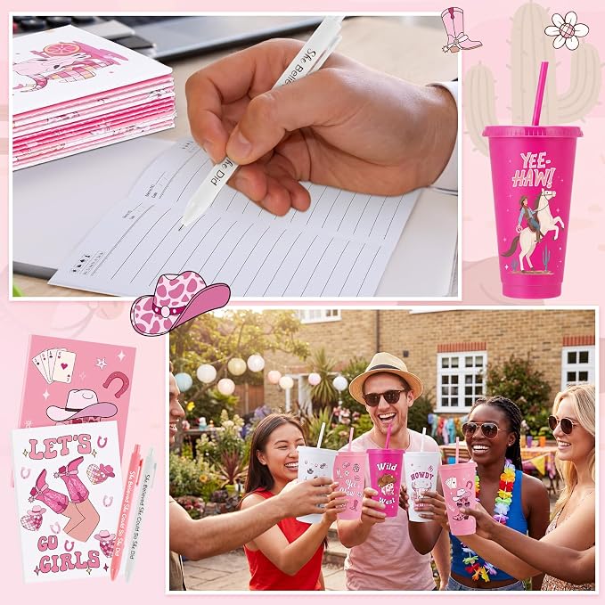 Feifeiya 72 Pcs/ 24 Set Cowgirl Cups Set 24 oz Staff Pink Tumbler with Lids and Straws Inspiration Ballpoint Pens Bulk for Cowgirl Party Favors Rodeo Party Birthday Decoration Supplies