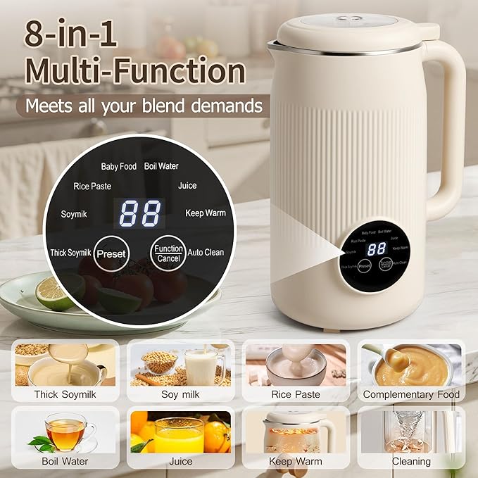 8 in 1 Nut Milk Maker Machine, 40oz Homemade Almond, Soy, Oat, Coconut, Yogurt and Non Dairy Beverages, Automatic Soybean Blender Machine with Delay Setting, Keep Warm, Self-Cleaning