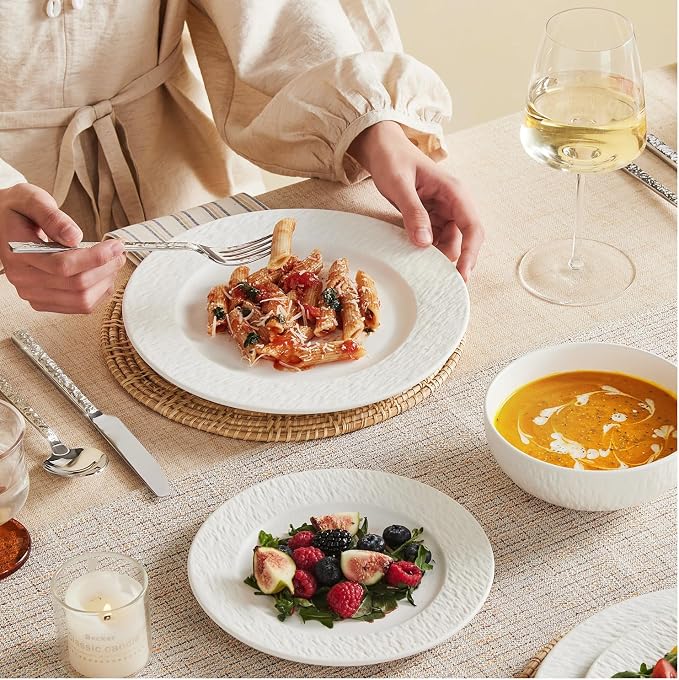 KINGSTONE Dinnerware Sets, 12-Piece Matte Marble Pattern Premium Porcelain dishes set, Plates and Bowls Sets for 4, Place Setting with Dinner Plate, Salad Plate, Pasta Bowl (White)