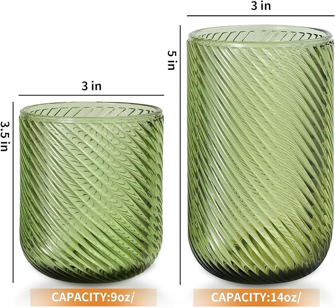 Set of 8 Ribbed Glassware,4 Highball Glasses 14oz & 4 Rocks Drinking Glasses 9oz, Origami Style, Fluted Design, for Milk, Water, Cocktail, Juice, Beer, ToothBrush Cup, Gif (Leaning Green)